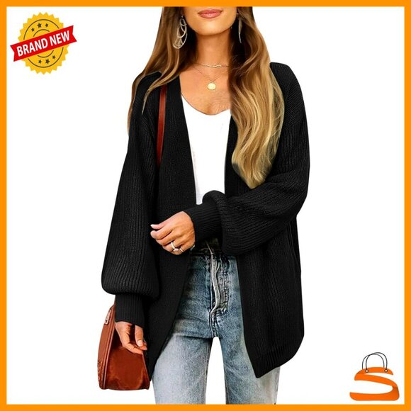 Sweaters - Oversized Long Cardigan Chunky Waffle Knit Open Front Bell Sleeves